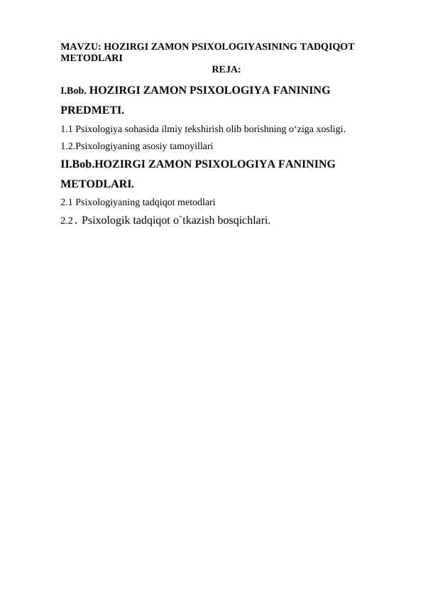 HOZIRGI ZAMON PSIXOLOGIYASINING TADQIQOT METODLARI