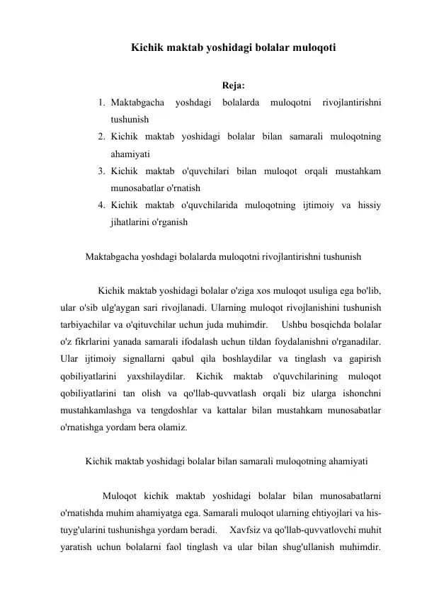 Kichik maktab yoshidagi bolalar muloqoti