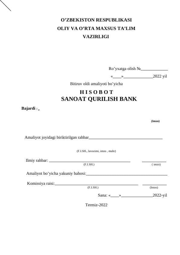 Sanoat qurilish bank amaliyot hisoboti