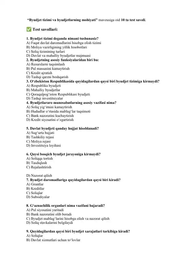 Byudjet tizimiga doir testlar