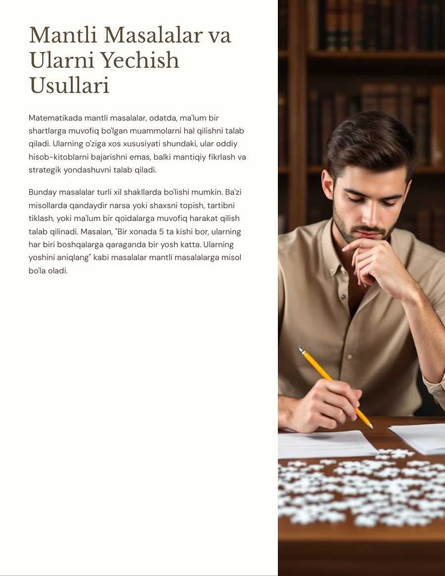 Dars ishlanma. Mantli Masalalar va Ularni Yechish Usullari