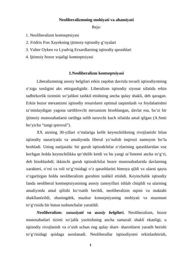 Neoliberalizmning mohiyati va ahamiyati