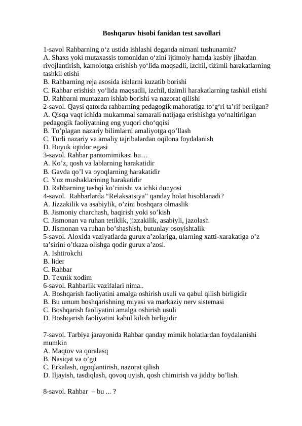 Boshqaruv hisobi fanidan test savollari