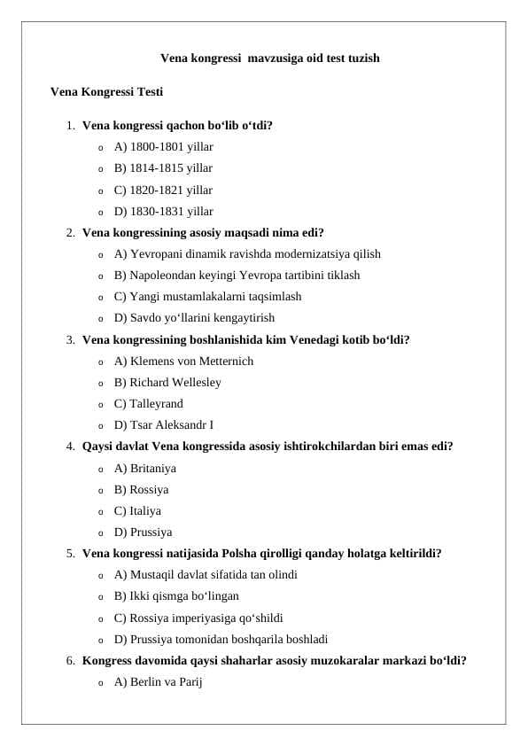 Vena kongressi  mavzusiga oid test tuzish  24