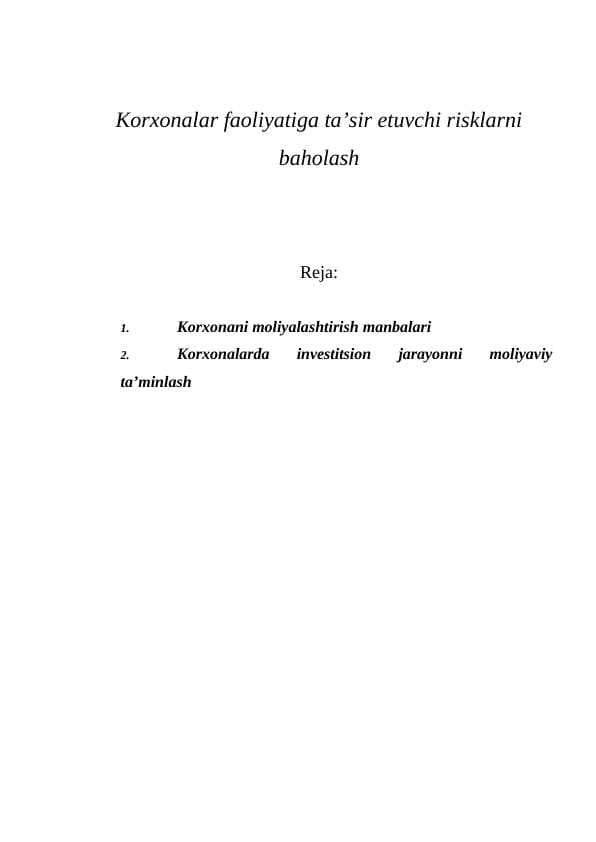 Korxonalar faoliyatiga ta’sir etuvchi risklarni baholash