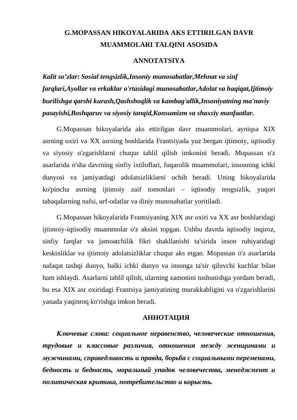 G.MOPASSAN HIKOYALARIDA AKS ETTIRILGAN DAVR MUAMMOLARI TALQINI ASOSIDA