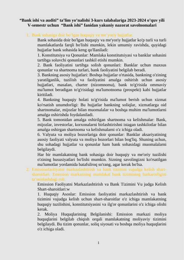 Bank ishidan yakuniy nazorat javoblari