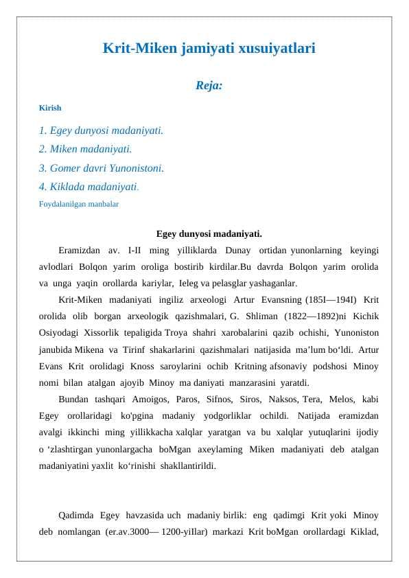 Krit-Miken jamiyati xusuiyatlari haqida ijodiy ish tayyorlash 25