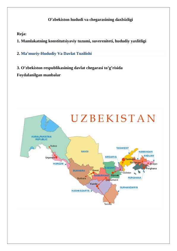O'zbekiston hududi va chegarasining daxlsizligi   24