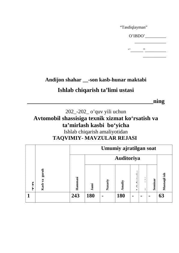 Avtomobil shassisiga texnik xizmat ko‘rsatish va ta’mirlash kasbi bo‘yicha taqvim