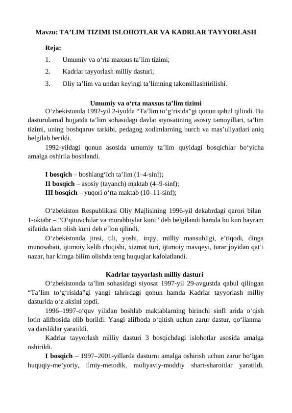Taʼlim tizimi islohotlari va kadirlar tayyorlash