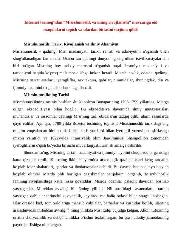 Internet tarmog‘idan “Misrshunoslik va uning rivojlanishi” mavzusiga oid maqolalarni topish va ulardan bittasini tarjima qilish 24