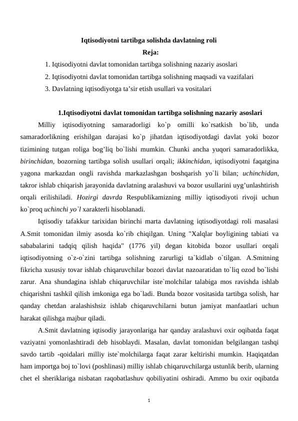 Iqtisodiyotni tartibga solishda davlatning roli