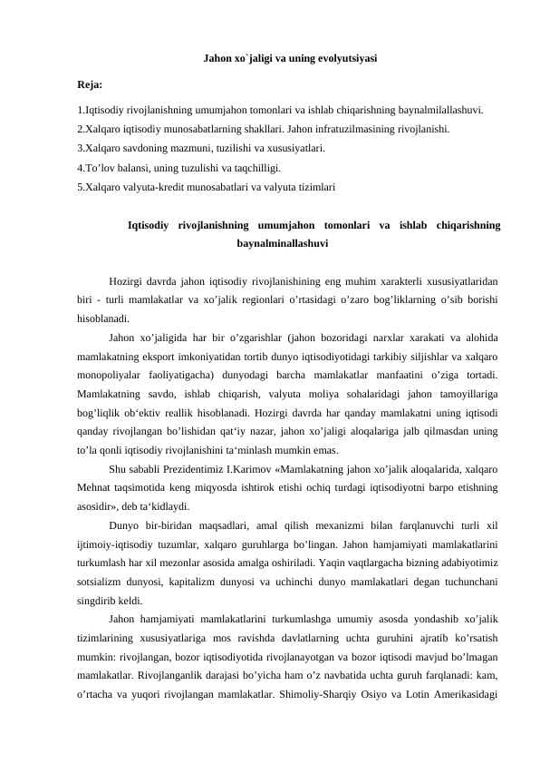 Jahon xo'jaligi va uning evolyutsiyasi