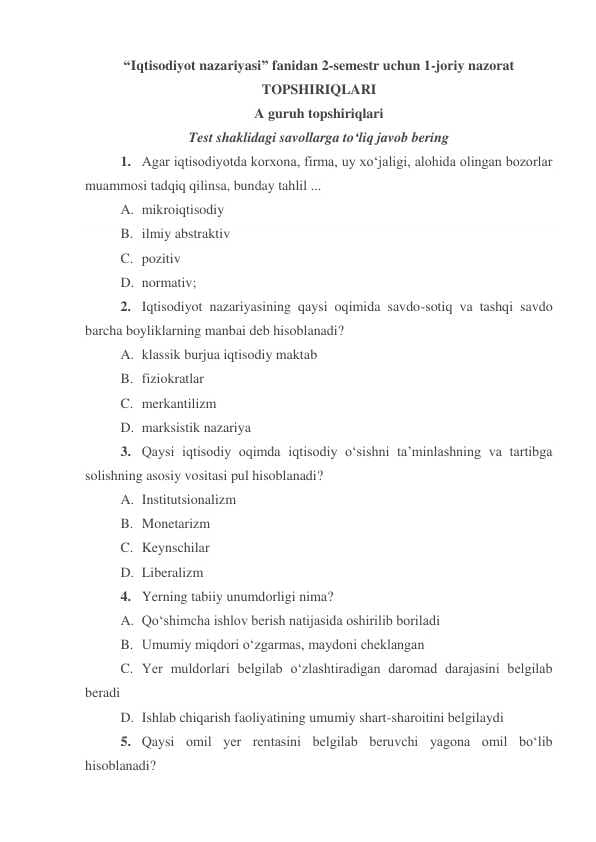 “Iqtisodiyot nazariyasi” fanidan 2-semestr uchun 1-joriy nazorat TOPSHIRIQLARI va javoblari