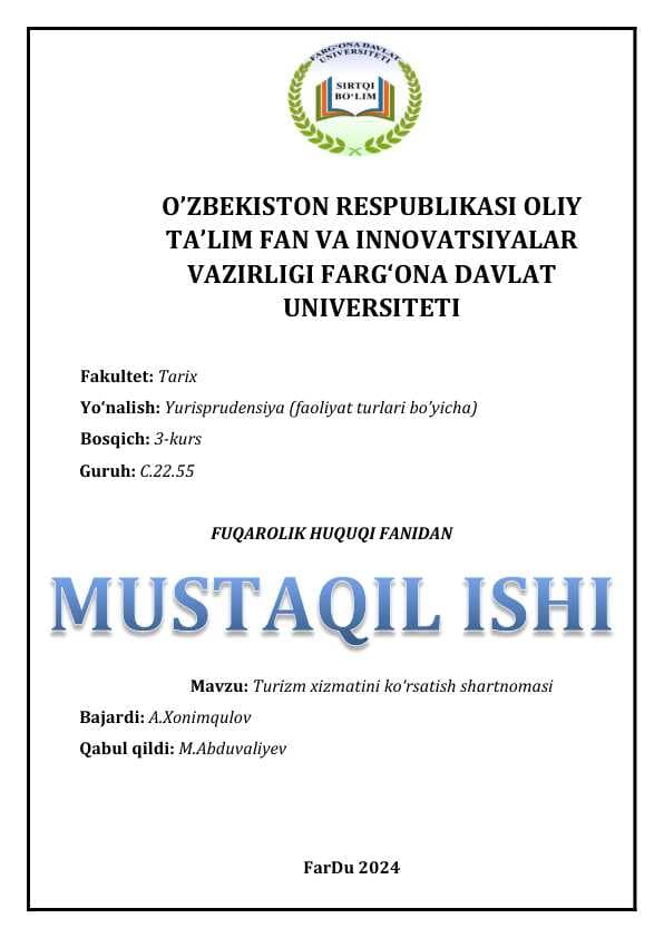 Turizm xizmatini koʻrsatish shartnomasi