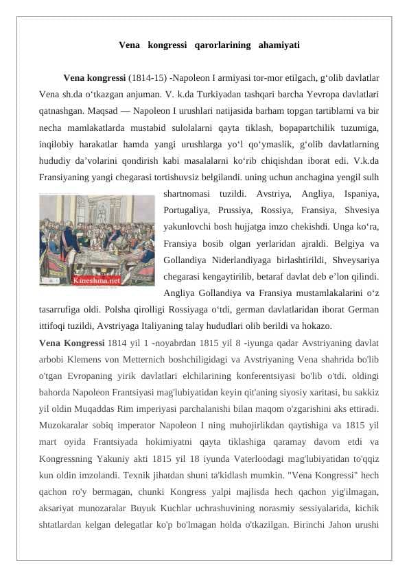 Vena   kongressi   qarorlarining   ahamiyati