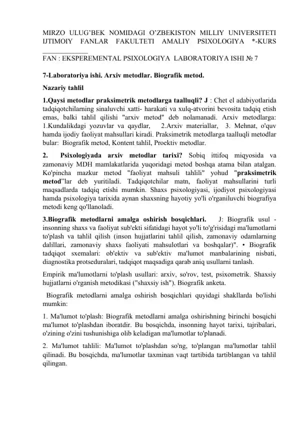 EKSPEREMENTAL PSIXOLOGIYA LABORATORIYA ISHI № 7