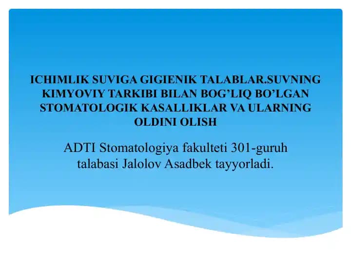 ICHIMLIK SUVIGA GIGIENIK TALABLAR