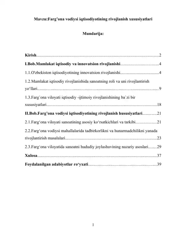 Farg’ona vodiysi iqtisodiyotining rivojlanish xususiyatlari