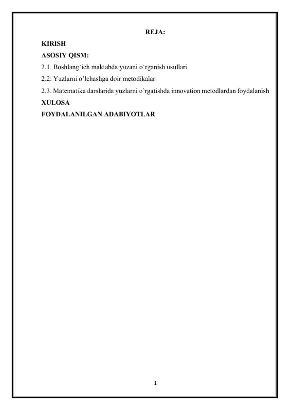 Yuzlarni  hisoblashni O'rgatish Metodikasi