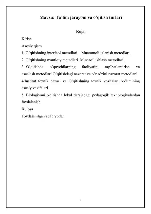 Ta’lim jarayoni va o’qitish turlari