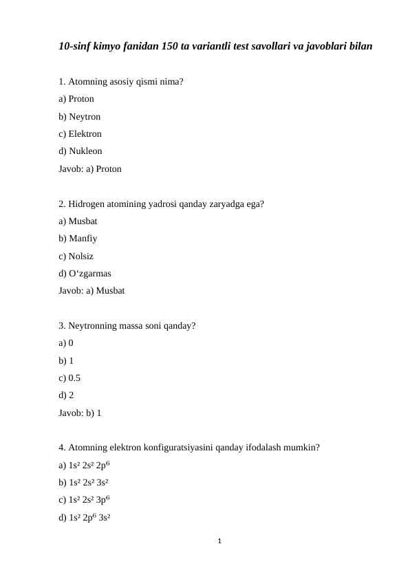 10-sinf kimyo fanidan 150 ta variantli test savollari va javoblari bilan