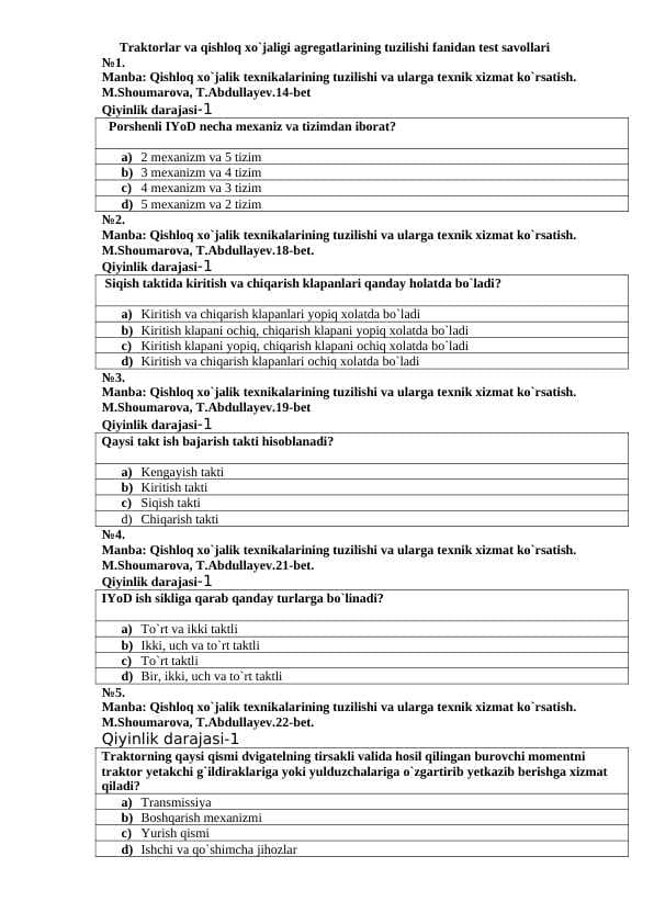 Traktorlar va qishloq xo`jaligi agregatlarining tuzilishi fanidan 108ta test savollari