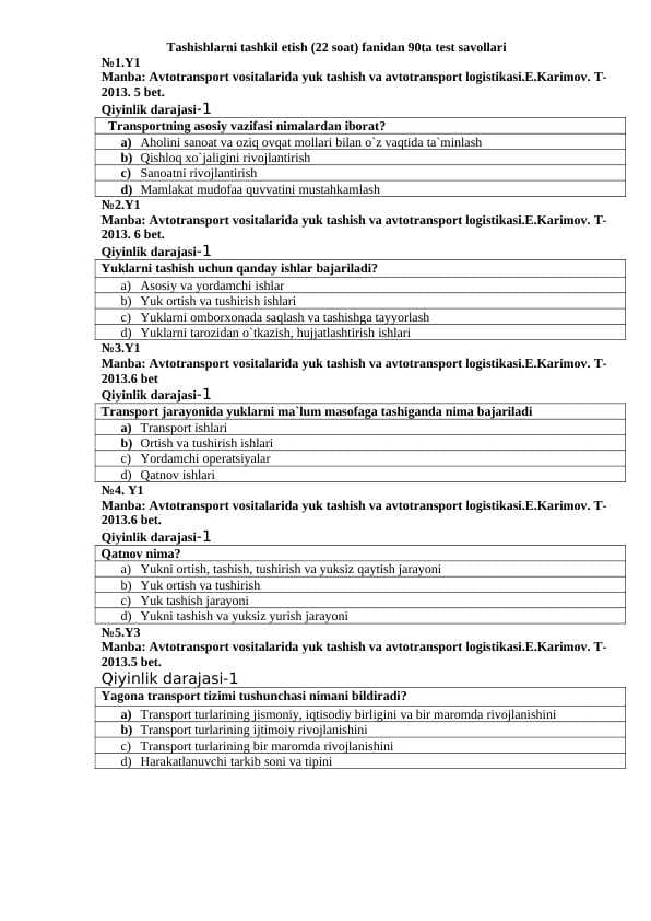 Tashishlarni tashkil etish (22 soat) fanidan 90ta test savollari