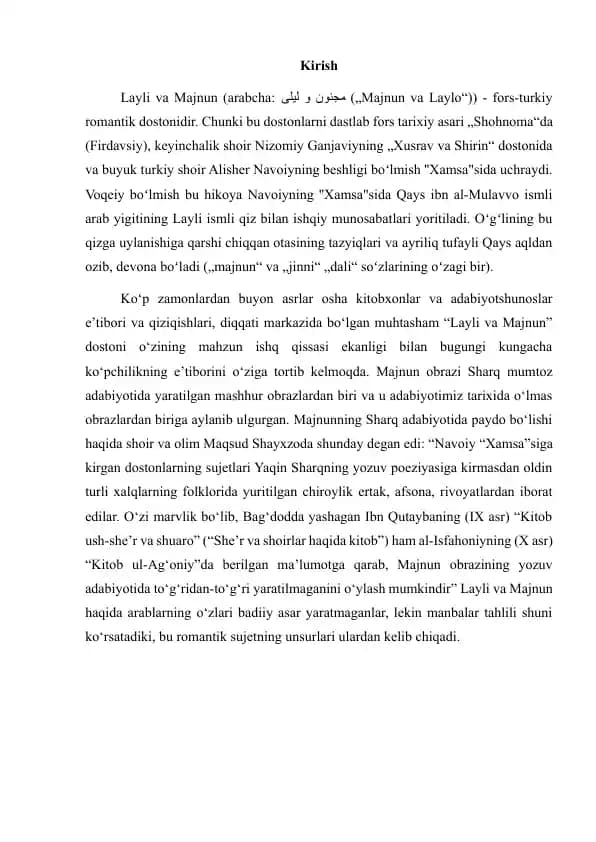 Layli va Majnun Asaridagi boblarga ta'rif.Mustaqil ish