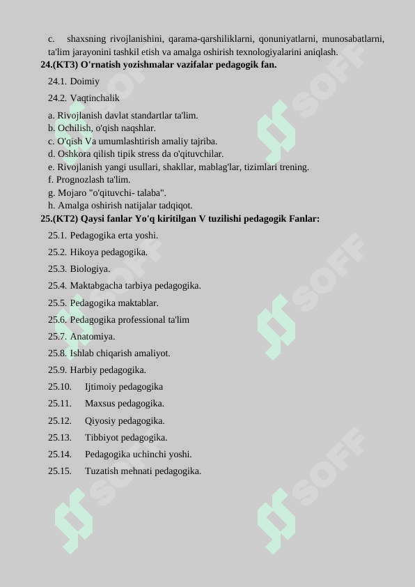 PEDAGOGIKA FANINING TESTLAR