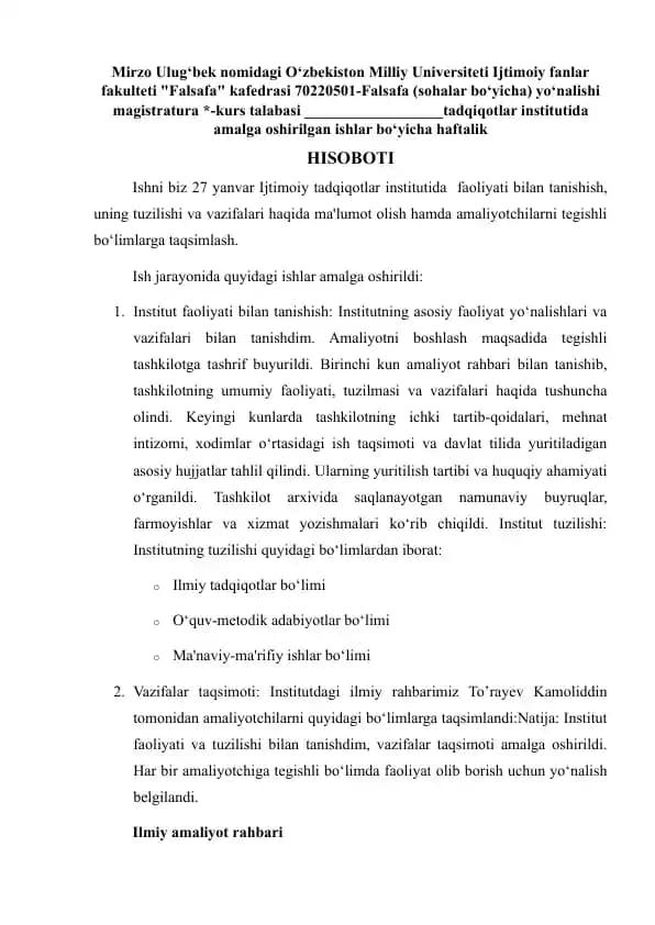 tadqiqotlar institutida amalga oshirilgan ishlar bo‘yicha haftalik