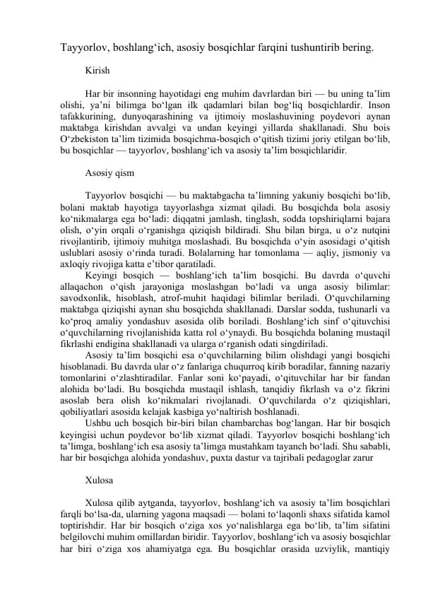 Tayyorlov, boshlang‘ich va asosiy ta’lim bosqichlari
