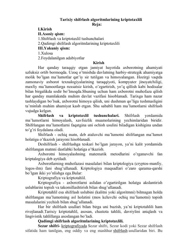 Tarixiy shifrlash algoritmlarining kriptotahlili