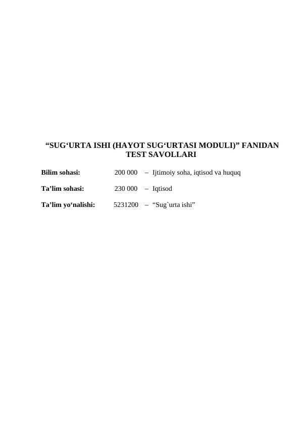 “SUG‘URTA ISHI (HAYOT SUG‘URTASI MODULI)” FANIDAN TEST SAVOLLARI