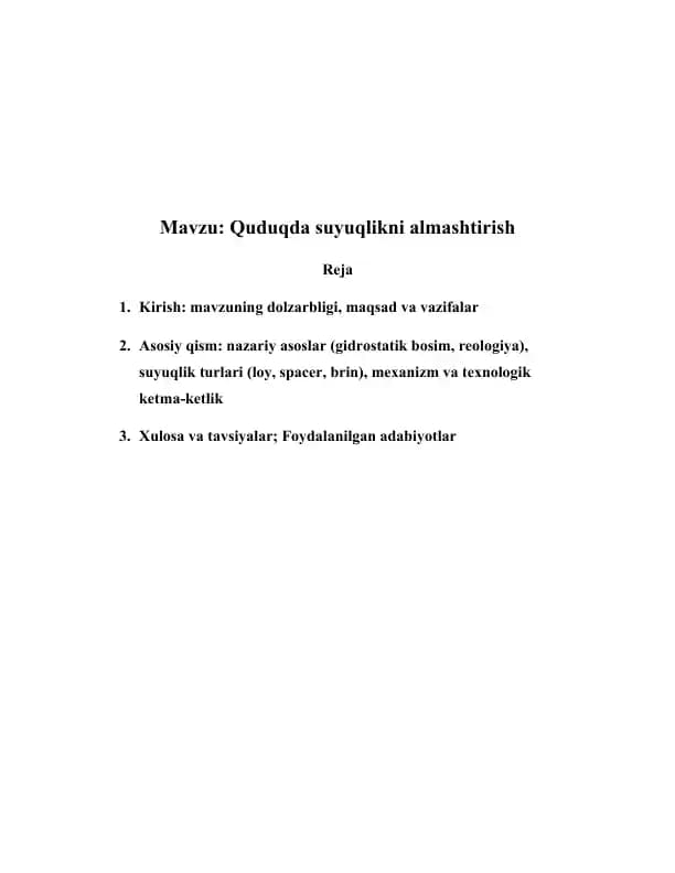 Quduqda suyuqlikni almashtirish