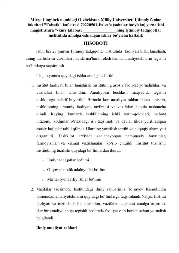 Ijtimoiy tadqiqotlar instituti haftalik hisoboti