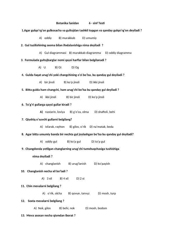 6-sinf Botanika fanidan test savollari javoblari bilan
