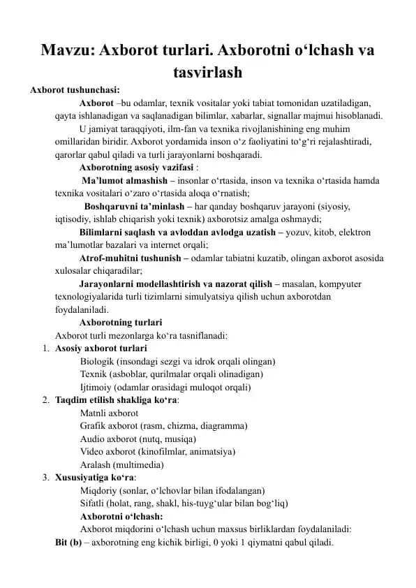 Axborot turlari. Axborotni o‘lchash va tasvirlash