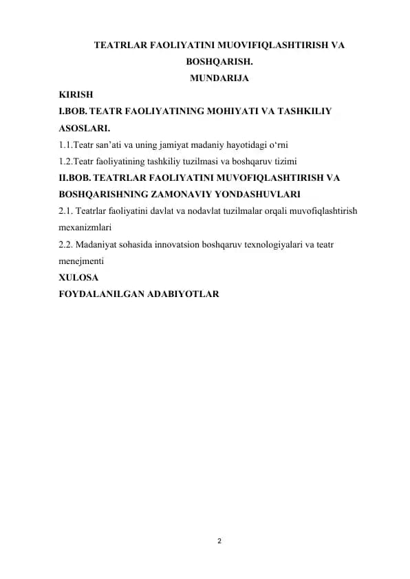 TEATRLAR FAOLIYATINI MUOVIFIQLASHTIRISH VA  BOSHQARISH