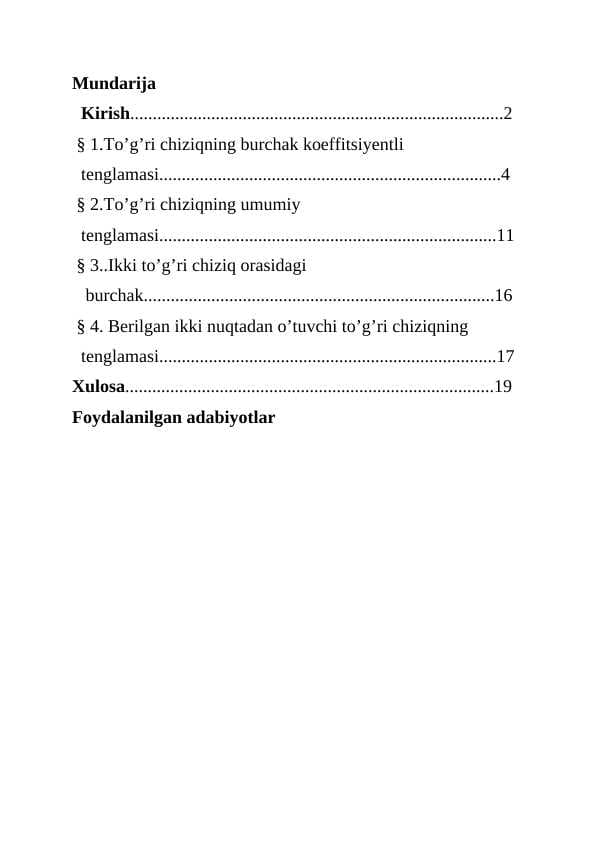 To’g’ri chiziqning burchak koeffitsientli tenglamasi
