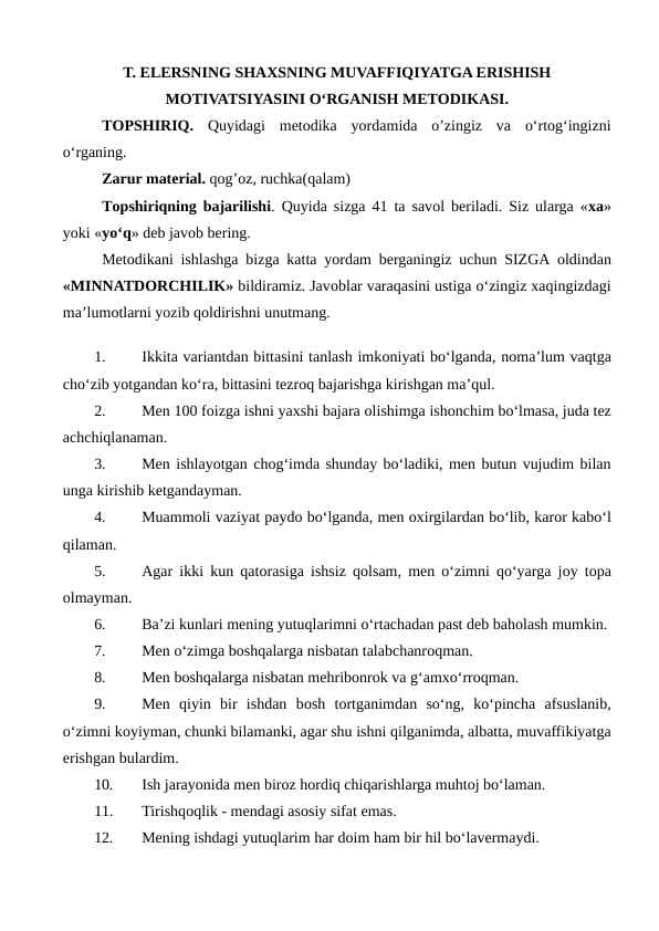T. ELERSNING SHAXSNING MUVAFFIQIYATGA ERISHISH MОTIVATSIYASINI O‘RGANISH METОDIKASI