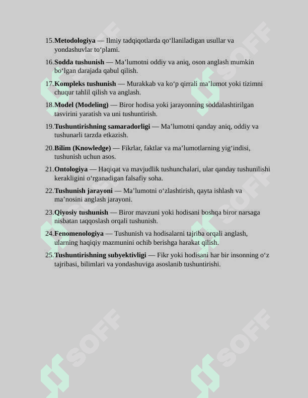 ( Fanda tushunish va tushuntirish muammosi ) mavzusida 25 ta atama va ularning izohlari