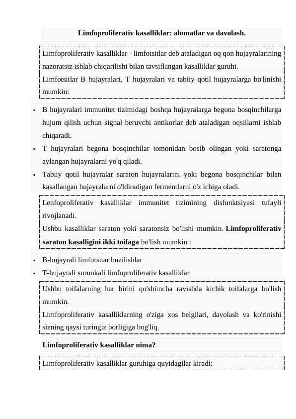 Limfoproliferativ kasalliklar: alomatlar va davolash.