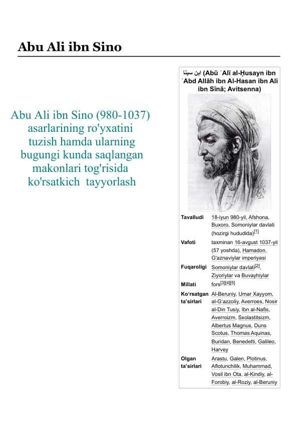 Abu Ali ibn Sino (980-1037) asarlarining ro'yxatini tuzish hamda ularning bugungi kunda saqlangan makonlari tog'risida ko'rsatkich  tayyorlash