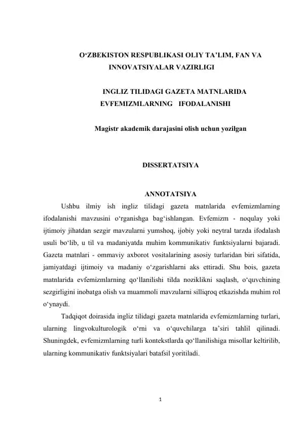 INGLIZ TILIDAGI GAZETA MATNLARIDA EVFEMIZMLARNING IFODALANISHI
