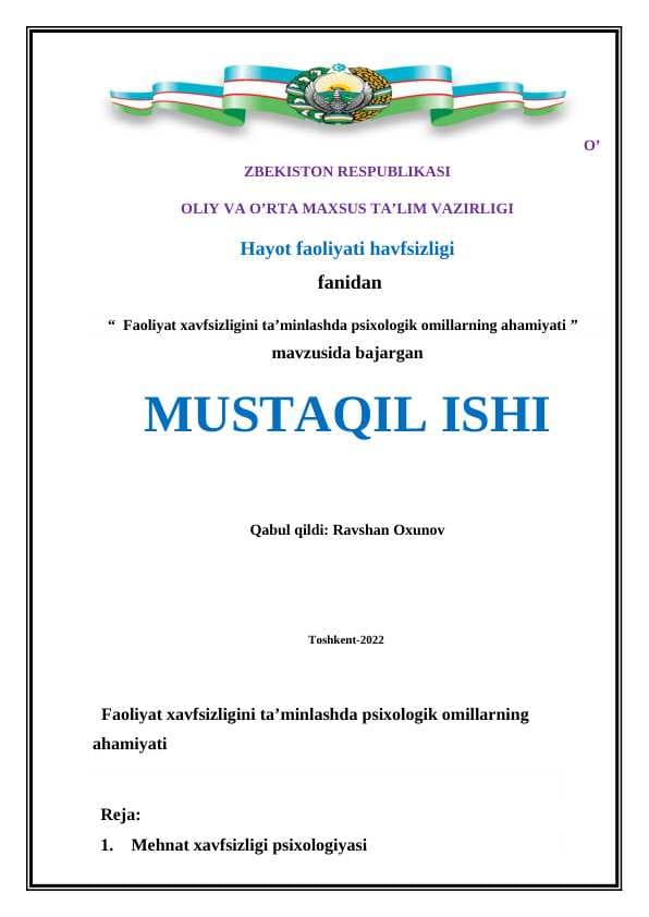 Faoliyat xavfsizligini ta’minlashda psixologik omillarning ahamiyati  docx