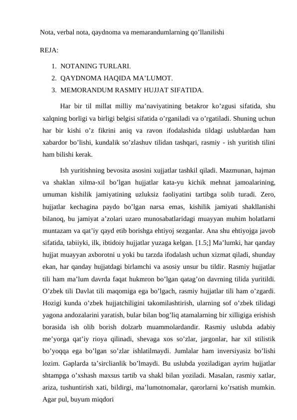 Nota, verbal nota, qaydnoma va memarandumlarning qo’llanilishi