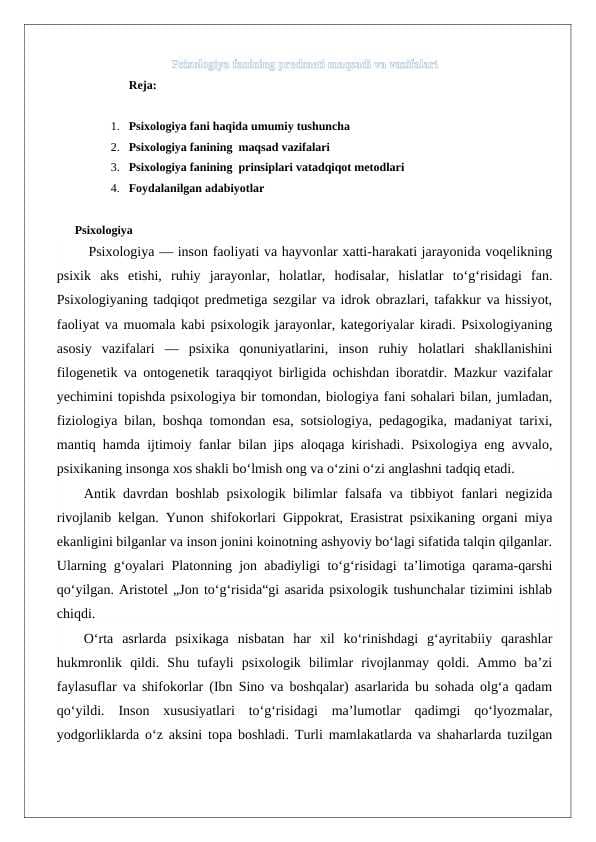 Psixologiya fanining predmeti maqsadi va v.