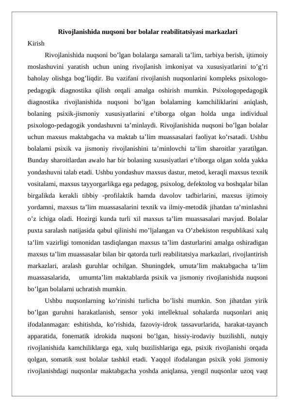 Rivojlanishida nuqsoni bor bolalar reabilitatsiyasi markazlari